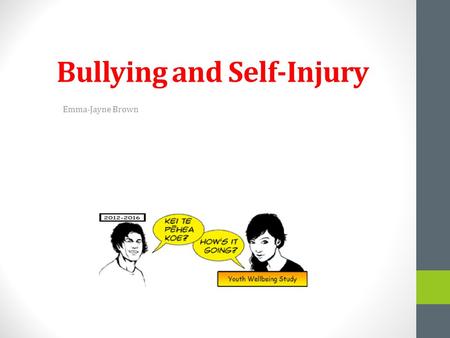 Bullying and Self-Injury Emma-Jayne Brown. Bullying Bullied adolescents report higher levels of self-injury. Prevalence Internationally 10%-75% experience.