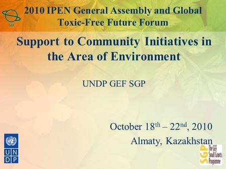 2010 IPEN General Assembly and Global Toxic-Free Future Forum Support to Community Initiatives in the Area of Environment UNDP GEF SGP October 18 th –
