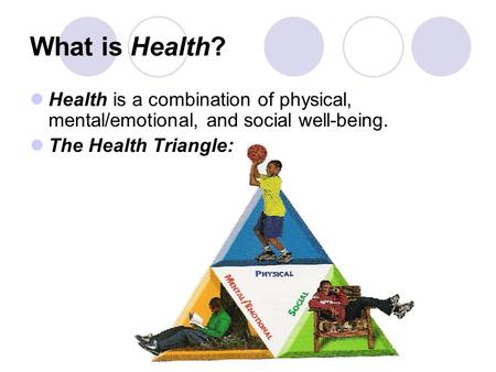 What is Health? Health is a combination of physical, mental/emotional, and social well-being. The Health Triangle: