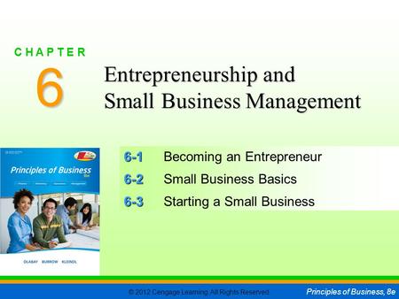 © 2012 Cengage Learning. All Rights Reserved. Principles of Business, 8e C H A P T E R 6 SLIDE 1 6-1 6-1Becoming an Entrepreneur 6-2 6-2Small Business.