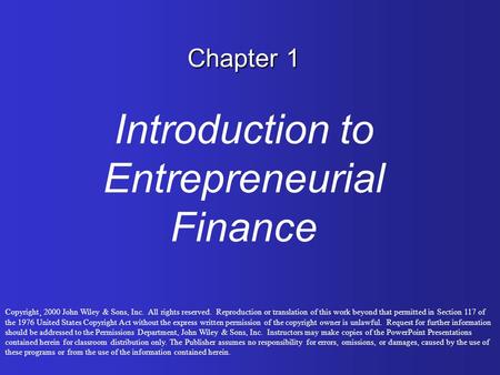 Chapter 1 Introduction to Entrepreneurial Finance