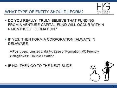1 WHAT TYPE OF ENTITY SHOULD I FORM? DO YOU REALLY, TRULY BELIEVE THAT FUNDING FROM A VENTURE CAPITAL FUND WILL OCCUR WITHIN 6 MONTHS OF FORMATION? IF.