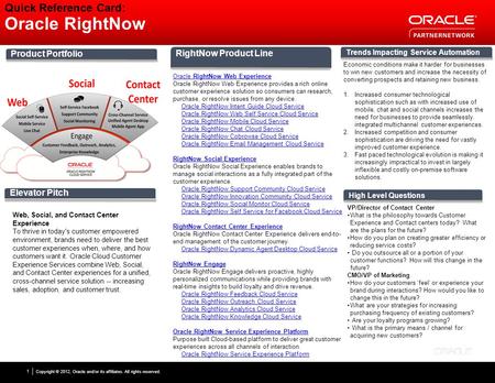 Copyright © 2012, Oracle and/or its affiliates. All rights reserved. 1 Quick Reference Card: Oracle RightNow Product Portfolio Elevator Pitch Trends Impacting.