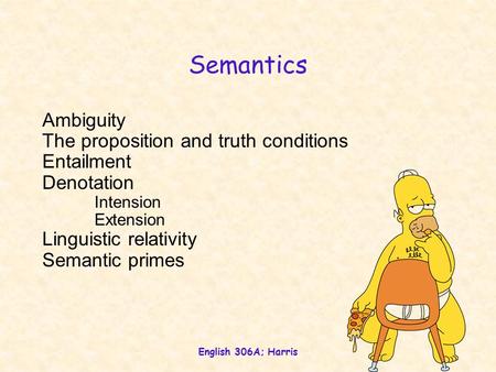 English 306A; Harris 1 Semantics Ambiguity The proposition and truth conditions Entailment Denotation Intension Extension Linguistic relativity Semantic.