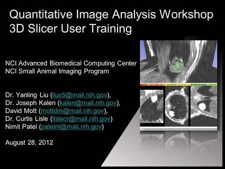 Quantitative Image Analysis Workshop 3D Slicer User Training NCI Advanced Biomedical Computing Center NCI Small Animal Imaging Program Dr. Yanling Liu.