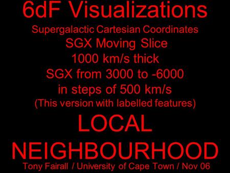 6dF Visualizations Supergalactic Cartesian Coordinates SGX Moving Slice 1000 km/s thick SGX from 3000 to -6000 in steps of 500 km/s (This version with.