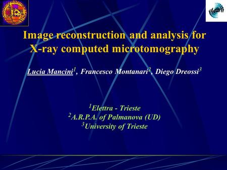 Image reconstruction and analysis for X-ray computed microtomography Lucia Mancini 1, Francesco Montanari 2, Diego Dreossi 3 1 Elettra - Trieste 2 A.R.P.A.