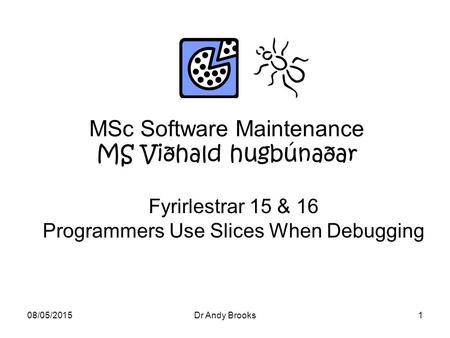 08/05/2015Dr Andy Brooks1 MSc Software Maintenance MS Viðhald hugbúnaðar Fyrirlestrar 15 & 16 Programmers Use Slices When Debugging.