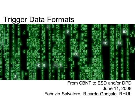 Trigger Data Formats From CBNT to ESD and/or DPD June 11, 2008 Fabrizio Salvatore, Ricardo Gonçalo, RHUL.