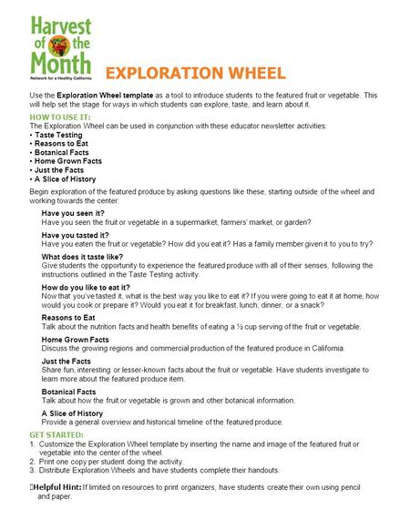 Use the Exploration Wheel template as a tool to introduce students to the featured fruit or vegetable. This will help set the stage for ways in which students.