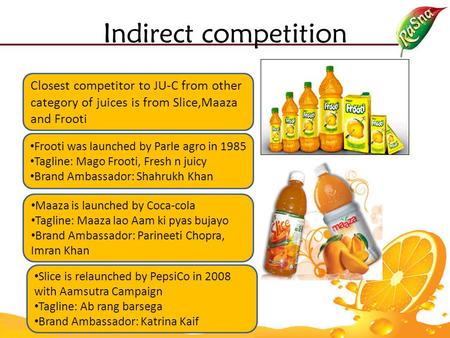 Indirect competition Closest competitor to JU-C from other category of juices is from Slice,Maaza and Frooti Slice is relaunched by PepsiCo in 2008 with.