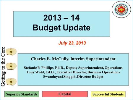 Superior StandardsSuccessful Students 2013 – 14 Budget Update Charles E. McCully, Interim Superintendent Stefanie P. Phillips, Ed.D., Deputy Superintendent,