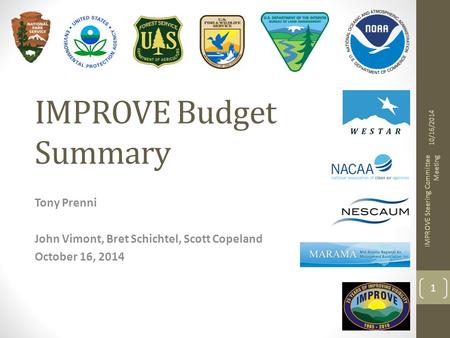 IMPROVE Budget Summary Tony Prenni John Vimont, Bret Schichtel, Scott Copeland October 16, 2014 1 IMPROVE Steering Committee Meeting 10/16/2014.