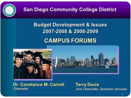 1 Budget Development & Issues 2007-2008 & 2008-2009 Dr. Constance M. Carroll Chancellor San Diego Community College District Terry Davis Vice Chancellor,