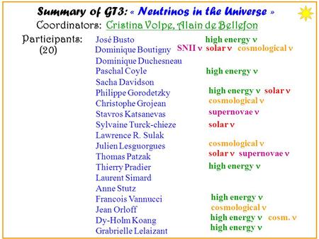 Summary of GT3: « Neutrinos in the Universe » Participants: Dominique Boutigny Dominique Duchesneau José Busto Paschal Coyle Sacha Davidson Philippe Gorodetzky.