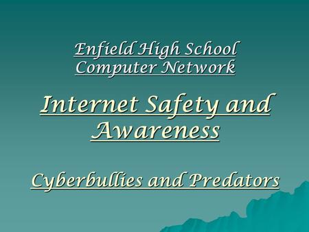 Internet Safety and Awareness Cyberbullies and Predators Enfield High School Computer Network.