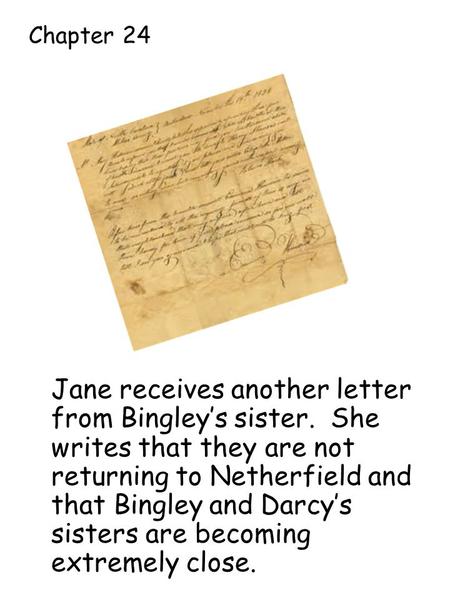Jane receives another letter from Bingley’s sister. She writes that they are not returning to Netherfield and that Bingley and Darcy’s sisters are becoming.