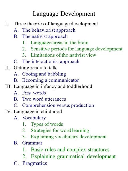 Language Development I.Three theories of language development A.The behaviorist approach B.The nativist approach 1.Language areas in the brain 2.Sensitive.