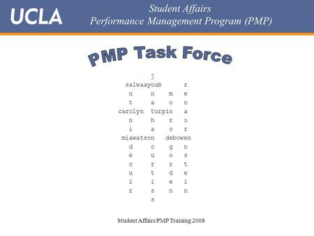 Student Affairs Performance Management Program (PMP) Student Affairs PMP Training 2008 j salwaayoub r n n m e t a o n carolyn turpin a n h r o i a o r.