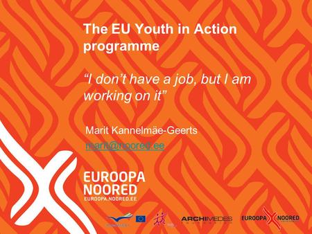 The EU Youth in Action programme “I don’t have a job, but I am working on it” Marit Kannelmäe-Geerts
