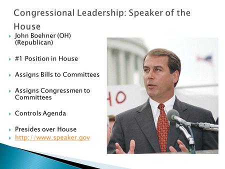  John Boehner (OH) (Republican)  #1 Position in House  Assigns Bills to Committees  Assigns Congressmen to Committees  Controls Agenda  Presides.