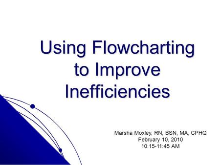 Using Flowcharting to Improve Inefficiencies Marsha Moxley, RN, BSN, MA, CPHQ February 10, 2010 10:15-11:45 AM.