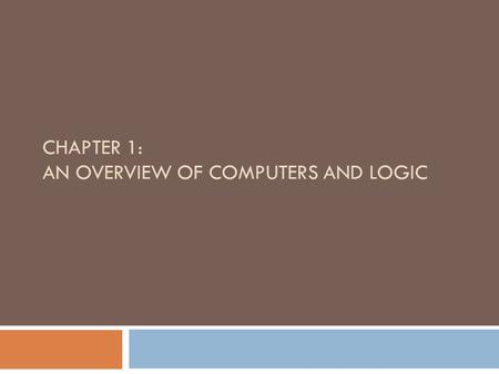 CHAPTER 1: AN OVERVIEW OF COMPUTERS AND LOGIC. Objectives 2  Understand computer components and operations  Describe the steps involved in the programming.