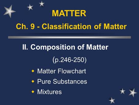 Ch. 9 - Classification of Matter II. Composition of Matter ( p.246-250)  Matter Flowchart  Pure Substances  Mixtures MATTER.