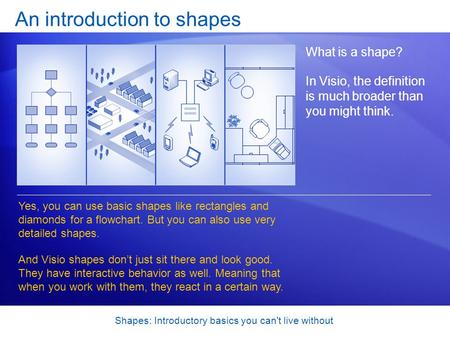 Shapes: Introductory basics you can't live without An introduction to shapes What is a shape? In Visio, the definition is much broader than you might think.