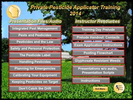 Exit Menu Pests and Pesticides Pesticides and the Law The Pesticide Label Safety and Personal Protection Handling Pesticides Planning for Emergencies Calibrating.