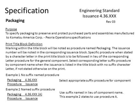Specification Engineering Standard Issuance 4.36.XXX Purpose To specify packaging to preserve and protect purchased parts and assemblies manufactured to.