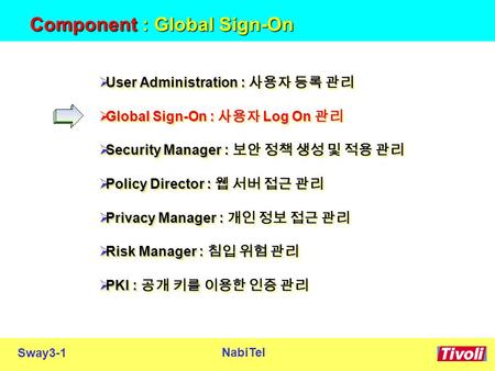 Sway3-1 NabiTel Component : Global Sign-On  User Administration : 사용자 등록 관리  Global Sign-On : 사용자 Log On 관리  Security Manager : 보안 정책 생성 및 적용 관리  Policy.