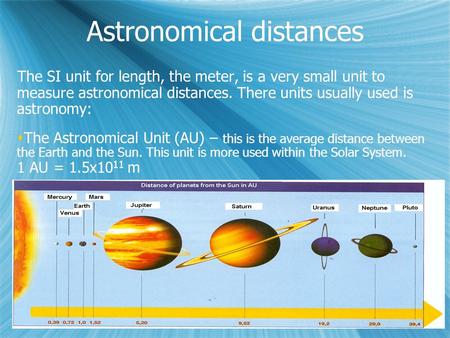 Astronomical distances The SI unit for length, the meter, is a very small unit to measure astronomical distances. There units usually used is astronomy: