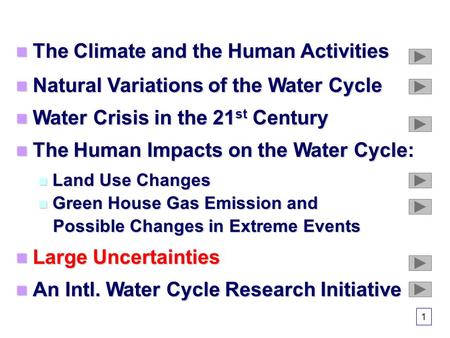 The Climate and the Human Activities The Climate and the Human Activities Natural Variations of the Water Cycle Natural Variations of the Water Cycle Water.