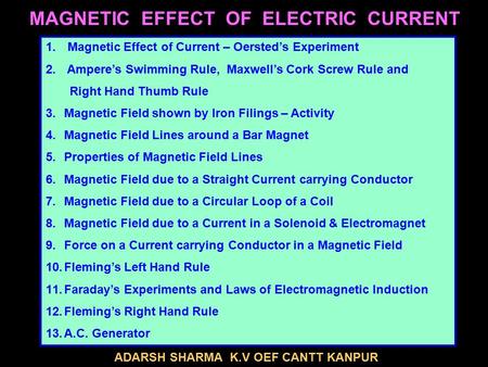MAGNETIC EFFECT OF ELECTRIC CURRENT 1. Magnetic Effect of Current – Oersted’s Experiment 2. Ampere’s Swimming Rule, Maxwell’s Cork Screw Rule and Right.