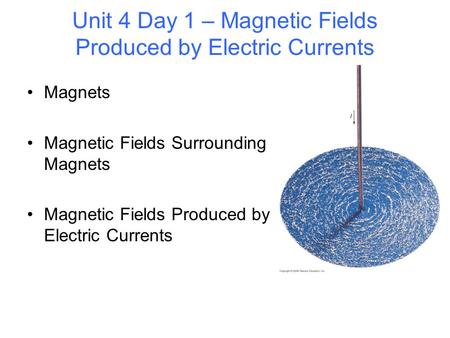 Unit 4 Day 1 – Magnetic Fields Produced by Electric Currents Magnets Magnetic Fields Surrounding Magnets Magnetic Fields Produced by Electric Currents.