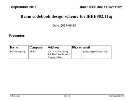 Doc.: IEEE 802.11-13/1110r1 September 2013 Submission Beam codebook design scheme for IEEE802.11aj DU GuanglongSlide 1 Date: 2013-09-16 Presenter: