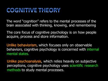 The core focus of cognitive psychology is on how people acquire, process and store information. The word “cognition” refers to the mental processes of.