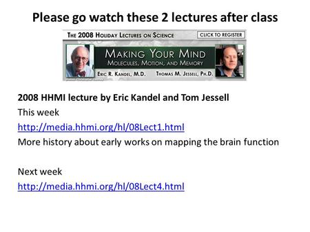 Please go watch these 2 lectures after class 2008 HHMI lecture by Eric Kandel and Tom Jessell This week  More history.