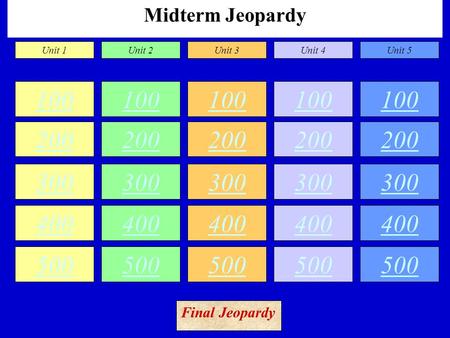 Midterm Jeopardy 100 200 300 400 500 100 200 300 400 500 100 200 300 400 500 100 200 300 400 500 100 200 300 400 500 Unit 1Unit 2Unit 3Unit 4Unit 5 Final.