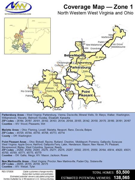 Parkersburg Areas – West Virginia: Parkersburg, Vienna, Davisville, Mineral Wells, St. Marys, Walker, Washington, Williamstown, Waverly, Belmont / Eureka,