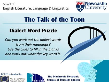 School of English Literature, Language & Linguistics The Talk of the Toon DECTE is funded by: The Diachronic Electronic Corpus of Tyneside English Dialect.