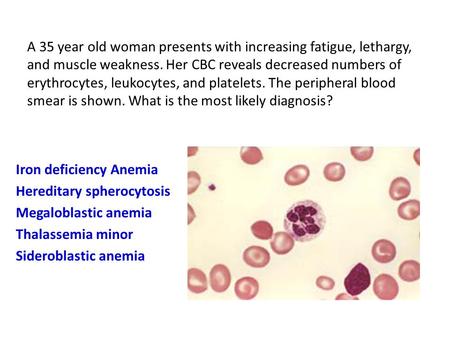 A 35 year old woman presents with increasing fatigue, lethargy, and muscle weakness. Her CBC reveals decreased numbers of erythrocytes, leukocytes, and.