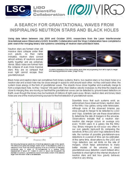 A SEARCH FOR GRAVITATIONAL WAVES FROM INSPIRALING NEUTRON STARS AND BLACK HOLES Using data taken between July 2009 and October 2010, researchers from the.