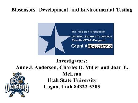 Biosensors: Development and Environmental Testing Investigators: Anne J. Anderson, Charles D. Miller and Joan E. McLean Utah State University Logan, Utah.