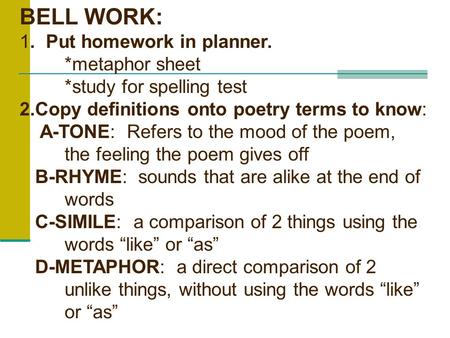 metaphor homework sheet