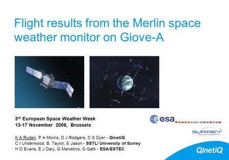 Flight results from the Merlin space weather monitor on Giove-A 3 rd European Space Weather Week 13-17 November 2006, Brussels K A Ryden, P A Morris, D.