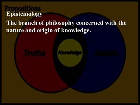 Epistemology The branch of philosophy concerned with the nature and origin of knowledge.