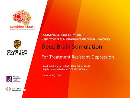 Deep Brain Stimulation For Treatment Resistant Depression Sandra Golding on behalf of Drs. Zelma Kiss & Raj Ramasubbu & the AIHS CRIO-DBS Team October.