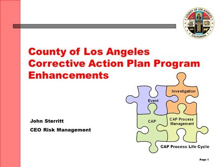 Page 1 County of Los Angeles Corrective Action Plan Program Enhancements John Sterritt CEO Risk Management.